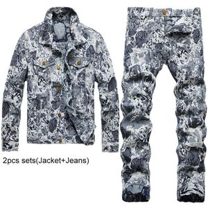 Slim-fit Tracksuits Fashion Printed Men's Sets Autumn Winter Two Pieces Sets Casual Long Sleeve Denim Jacket Matching Ripped 2899