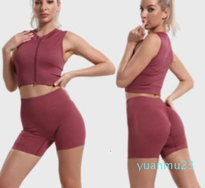 Lu Lu Yoga Jumpsuit Bodysuit Set Seamless Sports Suit Fitness Zipper Vest Crop Top High midje Shorts Push Up Women's Suit Set Lememm