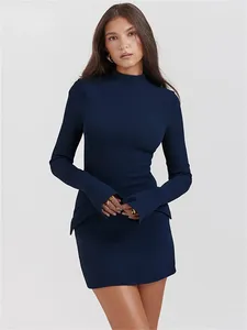 Casual Dresses Klalien Två fickdeko miniklänning för kvinnor 2023 Autumn Winter Elegant Long Sleeve Bodycon Club Party Short Vestido