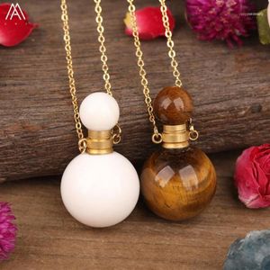 Natural Tiger Eye White Tridacna Stone Round Essential Oil Perfume Bottle Pendant Women Crystal Diffuser Gold Necklace Jewelry1246m