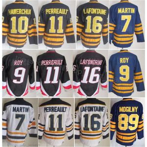 Homem Retro Hóquei 16 Pat LaFontaine Jerseys Vintage Clássico 7 Rick Martin 9 Derek Roy 10 Hawerchuk 11 Gilbert Perreault 89 Mogilny 26 Thoma Vanek 30 Ryan Miller CCM