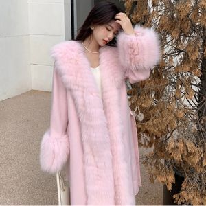 Женское пальто из искусственного меха розового и синего цвета с большим воротником, двустороннее кашемировое пальто, настоящая верхняя одежда, топ, роскошные длинные куртки из натуральной шерсти 231018