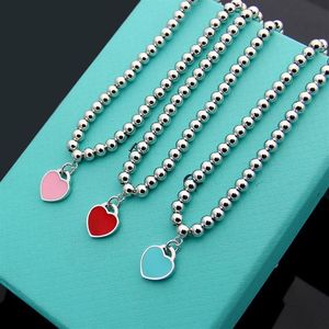 Womens Single Heart Round Bead Chain Halsband Designer smycken Blue Pink Red With Drip Oil Necklace Komplett varumärke som Wedding Chri250F