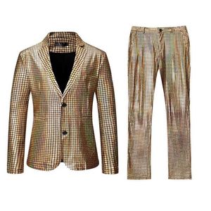 Gold Plaid Sequin Glitter Suit Men Wedding Groom Tuxedo Suits Mens Notched Lapel Prom Stage Costume With Pants Ternos Men's &255S