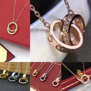 Luxury Designer Brand Necklace Sterling Silver Double Rings Diamond Pendant Rose Gold Neckor för unisex fancy long chain smycken för tjejkvinnor gåva