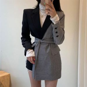 Ternos femininos blazers das mulheres blazer vintage xadrez retalhos primavera manga longa combinando jaquetas irregulares casaco com b207s