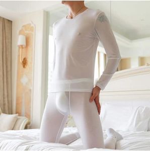 Men's Sleepwear Autumn Clothes Pants Long Johns Thin Ice Silk High Elasticity Perspective Tight Slip Bottom Panties