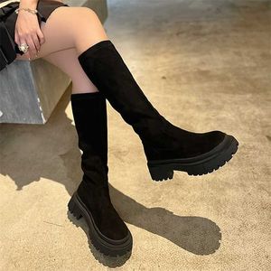 Top Boots Autumn/winter New Fashion Thick Sole High Heel Elastic Black Plush Versatile Casual Slim Sleeve Long
