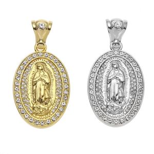 Iced Out Oval Jungfrau Maria Anhänger Hip Hop Schmuck Legierung Bling Strass Kristall Golden Silber Halskette Kubanische Kette257t