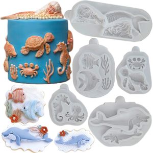 Moldes de cozimento oceano sereia golfinho tartaruga seahorse peixe molde de silicone fondant bolo decoração molde argila sugarcraft ferramenta de chocolate 230819