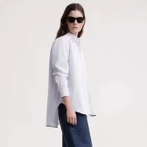 Women's Blouses 2023 Nordic Summer Navy Blue Striped Cotton Long-sleeved Shirt