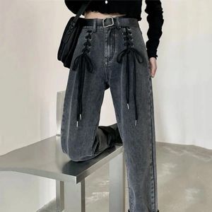 Damen-Jeans, lässig, hohe Taille, Straße, Baggy-Frauen, Kordelzug-Design, lockere Mode, Denim-Hosen, Harajuku, koreanische Y2K-Hose