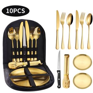 10Pcs/set Outdoor Protable Dinnerware Cutlery Set Stainless Steel Flatware Knife Fork Spoon Dish clipper Tableware Set with black bag