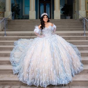 2024 Luxury Sky Blue Princess Quinceanera Dresses Beading Appliques Feather Party Dress Tulle Elegent Sweet Vestido De 15 16 Anos