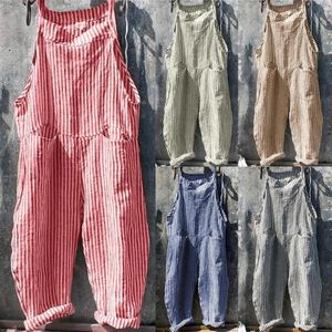 Långa bodysuit kvinnor sommar casual jumpsuit ärmlösa fickor dungarees vertikala ränder haklappar löst plus size streewear wo253k