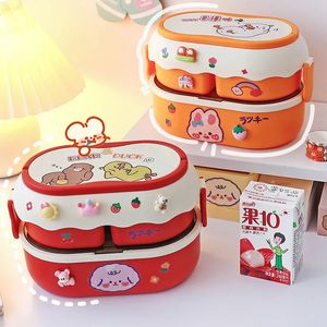Bento Boxes Kawaii Cute Lunch Box School Girl Portátil Microwavable Food Storage Container Leakproof 2 Layer Divide Bento Box Colher Fork 231013