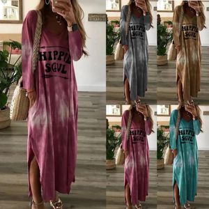 Casual Dresses European And American Letters Printed Urban Leisure Long Dress Round Neck Sleeve Slit Loose 2023 Contr