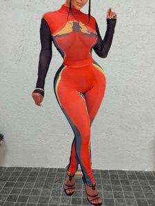 Kvinnor Tracksuits LW Y2K 3D Body Print Estetic Sxy Graffiti Skinny Two Piece Pants Suits Crew Neck Long Sleeve Top High Midist Leggings 231018