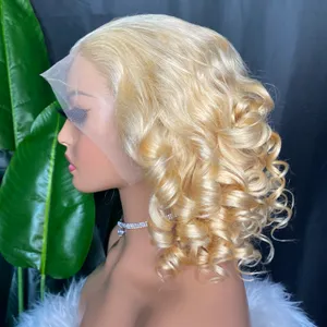 Malaysian Brazilian Peruvian Indian 100% Raw Human Hair 1b 613 Loose Wave 13x4 Transparent Lace Wig Lace Frontal Short Wig