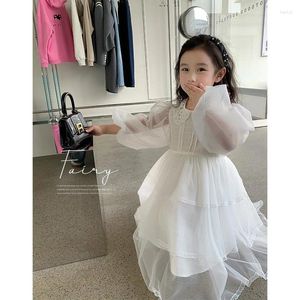 Vestidos da menina crianças roupas 2023 meninas sólido branco primavera doce vestido de princesa estilo coreano malha gaze flor bonito crianças