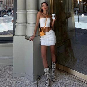 Work Dresses Sexy Women's Summer Knitting Suit White Stripe Strapless Tops And Matched Slim Miniskirt Simple Female Two Piece Sets