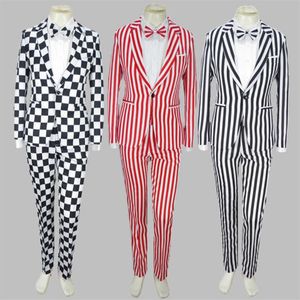 Erkekler Bebes Siyah Beyaz Ekose Ceket Pantolon Bow Tie 3pcs Erkek Şarkıcı Takım Palyaço Kostüm Sihirli Sahne Gösterisi Tema Çizgili 4xl Suit X0247Q