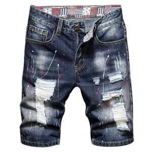 Men's Painted Holes Ripped Denim Shorts Summer Blue Slim Straight Jeans Knee Length Breeches264L
