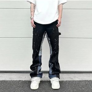 Moletons masculinos com capuz Hip Hop Contraste Cor Splice Speckled Ink Paint Micro Flared Jeans para homens Straight Baggy Y2K Denim Calças Oversized Cargos 231018