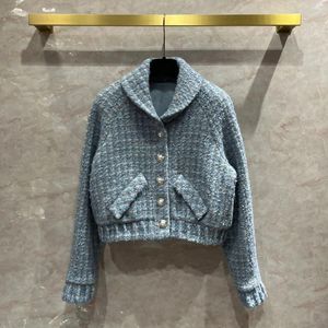 Women's Jackets Blue Plaid Woven Round Lapel Collar Tweed Coat High-end Small Fragrant Short Woolen Jacket