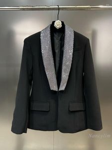 Женские костюмы осенне-зимний черный пиджак женский 2023 блестящие стразы с лацканами с длинными рукавами и карманами на талии облегающий костюм пальто модные пальто