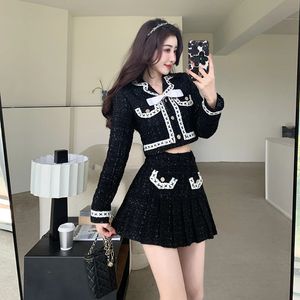 Two Piece Dress Fashion Small Fragrance Y2k Black Pieces Set Women Shorts Jackets Mini Pleated Skirts Outfits Ins Korean Suit 231018