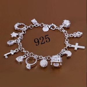 Mode smycken 925 Sterling Silver Moon Love Cross Charm Chain Armband Charms för män eller kvinnor Fin Gift302R