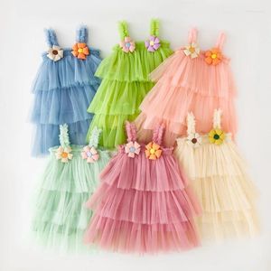 Vestidos da menina verão crianças bolo vestido 3d flores sem mangas bebê meninas malha doce cor crianças vestido de baile praia férias