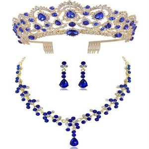 DIEZI New Red Green Blue Crown And Necklace Earring Jewelry Set Tiara Rhinestone Wedding Bridal Jewelry Sets Accessories261Y