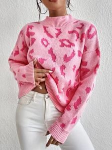 Suéter feminino LW rosa caído ombro animal decoração suéter gola redonda pulôver de malha oversized tops crochê leve casual outono