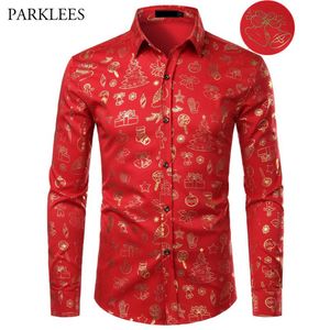 Kırmızı Erkek Noel Gömlek Sıkı Fit Noel Hediye Baskı Erkek Elbise Gömlek Uzun Kollu Düğme Kemez Homme Üst Bluzlar XL LJ221T