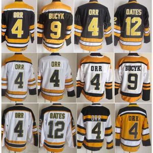 Homem Retro Hóquei 4 Bobby Orr Jerseys 9 Johnny Bucyk 12 Adam Oates Vintage Clássico 75 Aniversário CCM Preto Branco Amarelo Equipe Cor Retire Stitch para Fãs Esportivos