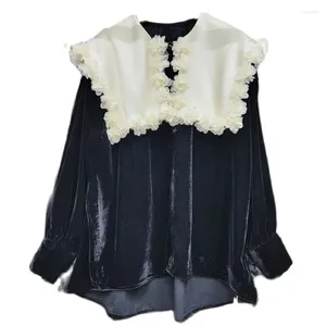 Kvinnors blusar 2023 Löst toppskjortor för kvinnor 3D Flower Sailor Collar Fashion Långärmad skjorta Kvinnlig blus Y4304