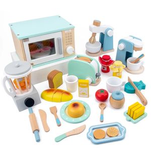 Kitchens Play Food QWZ Wooden Simulation Kitchen Toy Set Play House Early Education Toy Bread Machine Microwave Oven For Children's Christmas Gift 231019