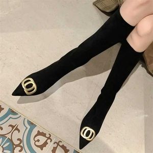Top Boots High Heeled Boots Korean Version Sexy High Tube Thin Stockings 7cm Leg Wrap Suede Pointed Metal Elastic