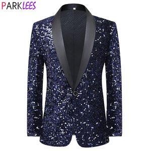 Men's Suits Blazers Men's Shinning Blue Sequin Tuxedo Blazer Jacket Shawl Collar One Button Glitter Dress Blazers Mens Party Prom Wedding Costumes 231018