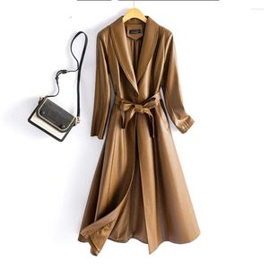 Women's Leather Autumn Winter Long Faux Jacket For Women Elegant Shawl Collar Lace-up Coat Slim PU Overcoat Casual Trench Coats