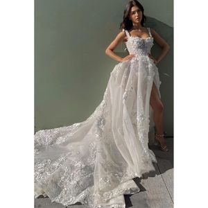 Suknia ślubna księżniczki Boho Kobiety cudowne koronkowe aplikacje Pliste A-Line Bridal Sukni