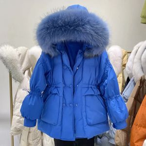 Womens Fur Faux Winter Down Jacket Säljer kvinnor 90% White Duck Coat Real Raccoon Collar Klein Blue Warm Thocked Loose 231018