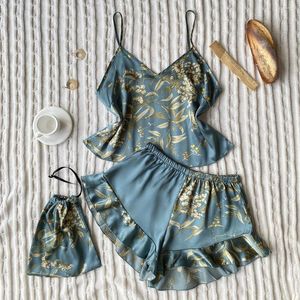 Kvinnors sömnkläder Kvinnor Satin Pyjamas Skriv ut blomma Två stycken Camishports Suit Nightgown Summer V-ringningsband Camisole Set Casual Home