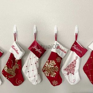 Christmas Decorations Personalized Christmas Stockings Red White Velvet Sequin Holiday Stockings Embroidered Plaid Family Stocking For Christmas Decor x1019