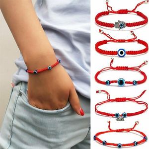 Lucky Blue Evil Eye Charms Armband Fatima Hamsa Handjusterbar röd strängtråd reppar Bangles Kvinnor Hjärtblomma But305U