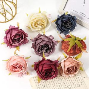 Fiori decorativi 5 pezzi 8 cm artificiale vintage bordo bruciato fiore di rosa testa che indossa corona confezione regalo fiore artigianale fai da te decorazione della casa