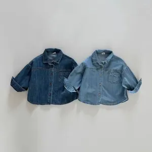 Jackor ins pojke barn cardigan solid casual denim kappa höst mode fickor retro enkla långa ärmar toppar flicka baby bomullsjacka