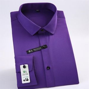 Men's Dress Shirts Purple Silk Cotton Shirt Men Spandex Office Formal Slim-Fit Social Safari Japan Model Business Solid Camis244W